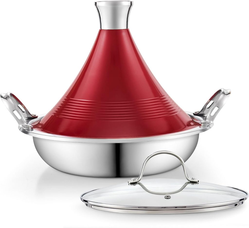 Multi-Ply Clad Stainless Steel Tagine Set, Die Cast Aluminum Red Lid+Glass Lid