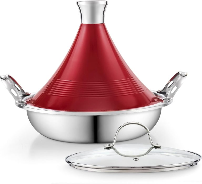 Multi-Ply Clad Stainless Steel Tagine Set, Die Cast Aluminum Red Lid+Glass Lid