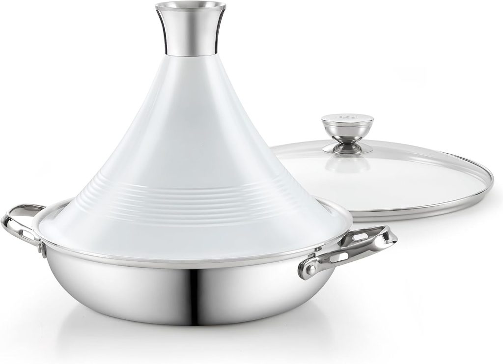 Multi-Ply Clad Stainless Steel Tagine Set, Die Cast Aluminum White Lid+Glass Lid