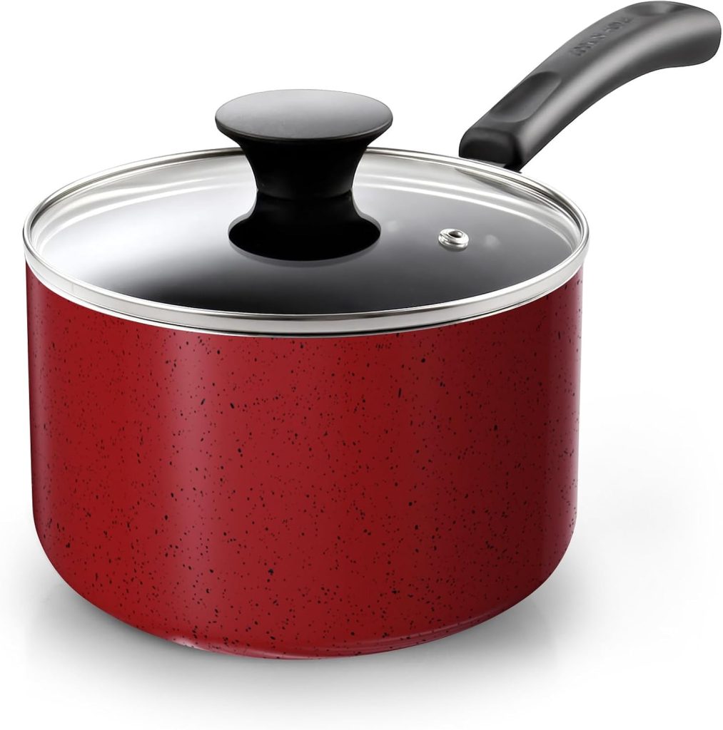 Nonstick Sauce Pan with Lid, 1 Quart, Marble Red