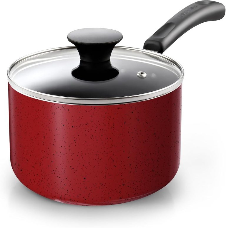 Nonstick Sauce Pan with Lid, 2 Quart, Marble Red
